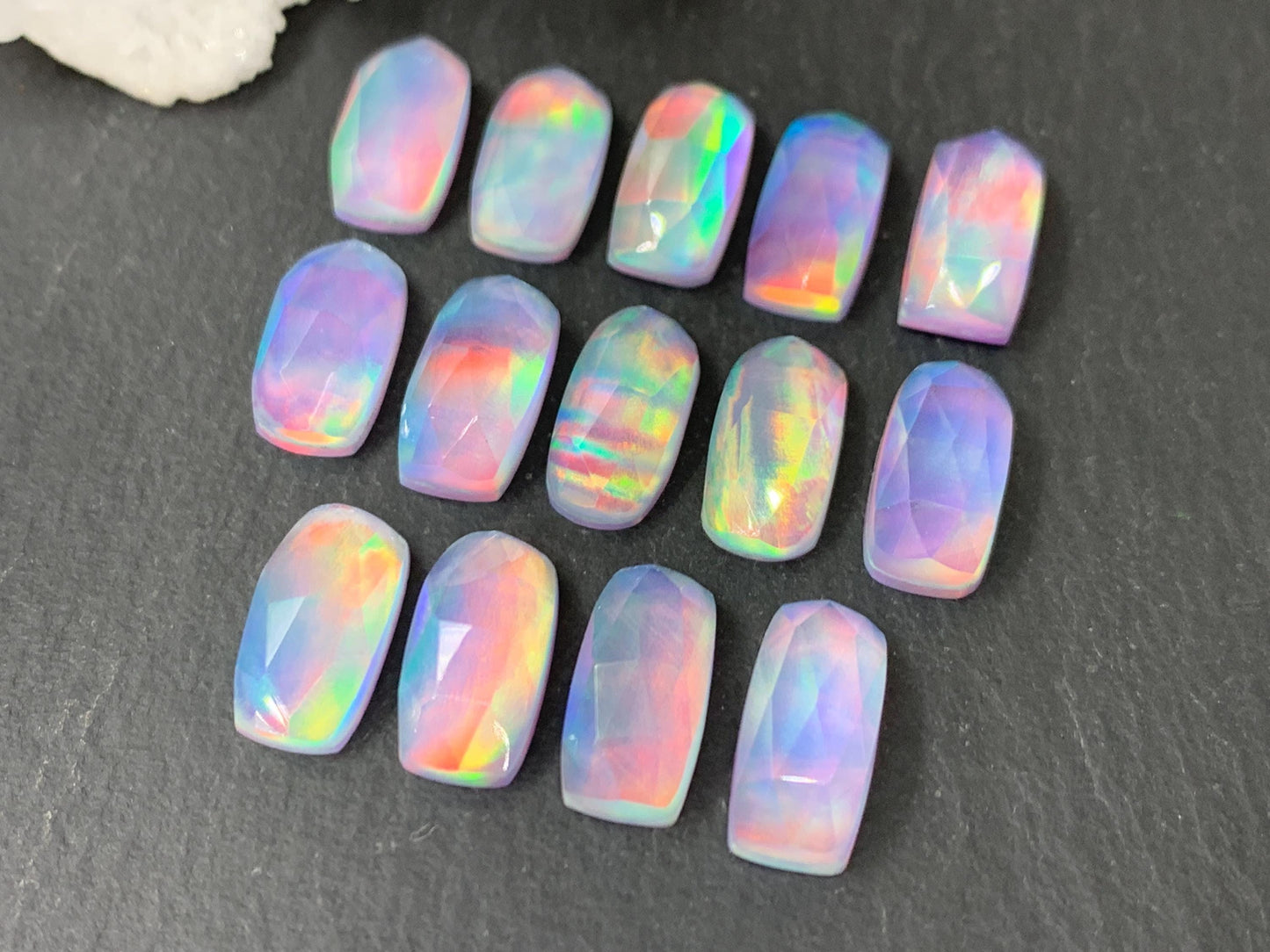 Faceted Aurora Opal rectangle 6x12mm cabochon - Doublet cabochon