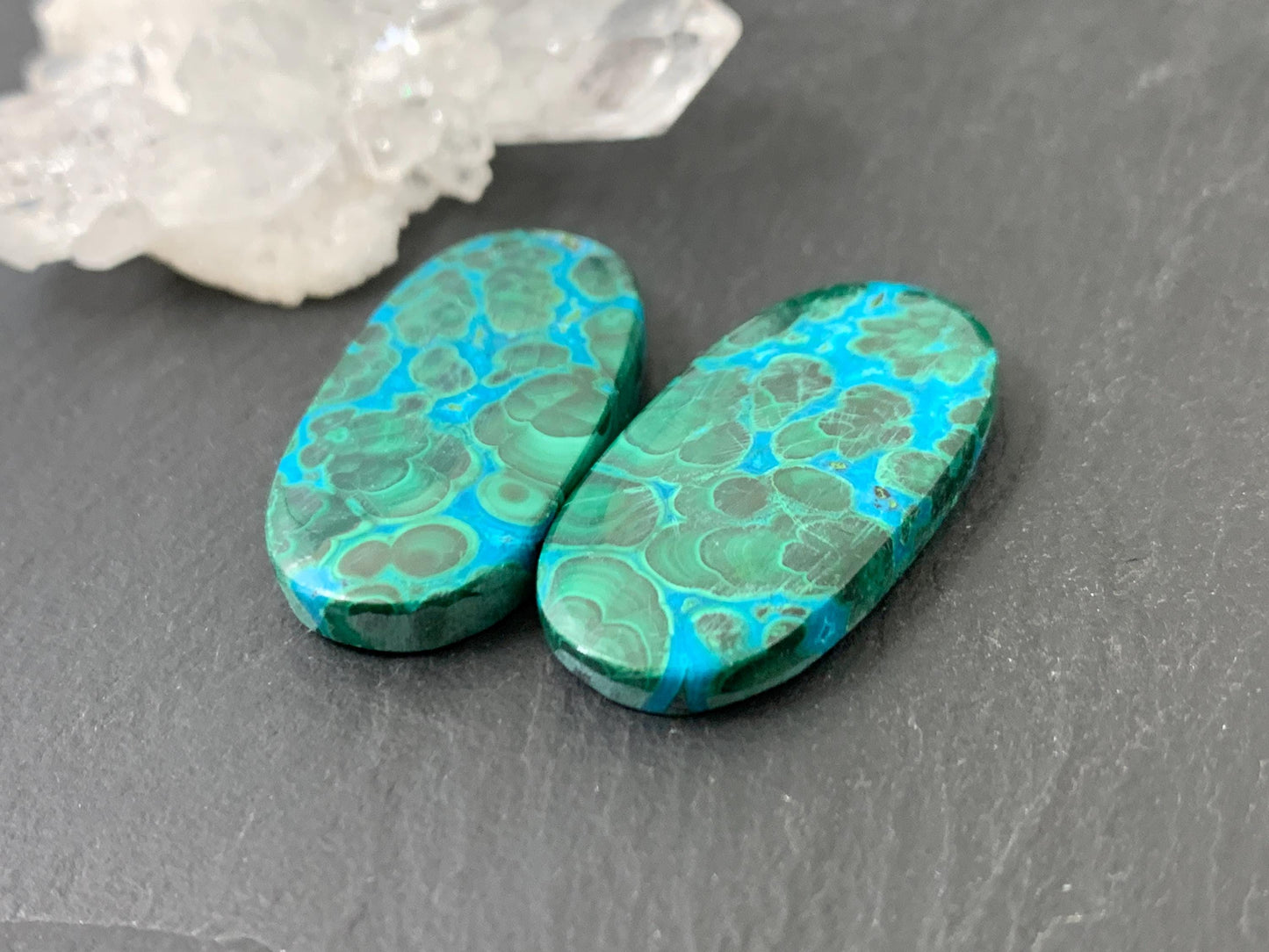 Malachite Chrysocolla oval 14x28x4mm cabochon pair