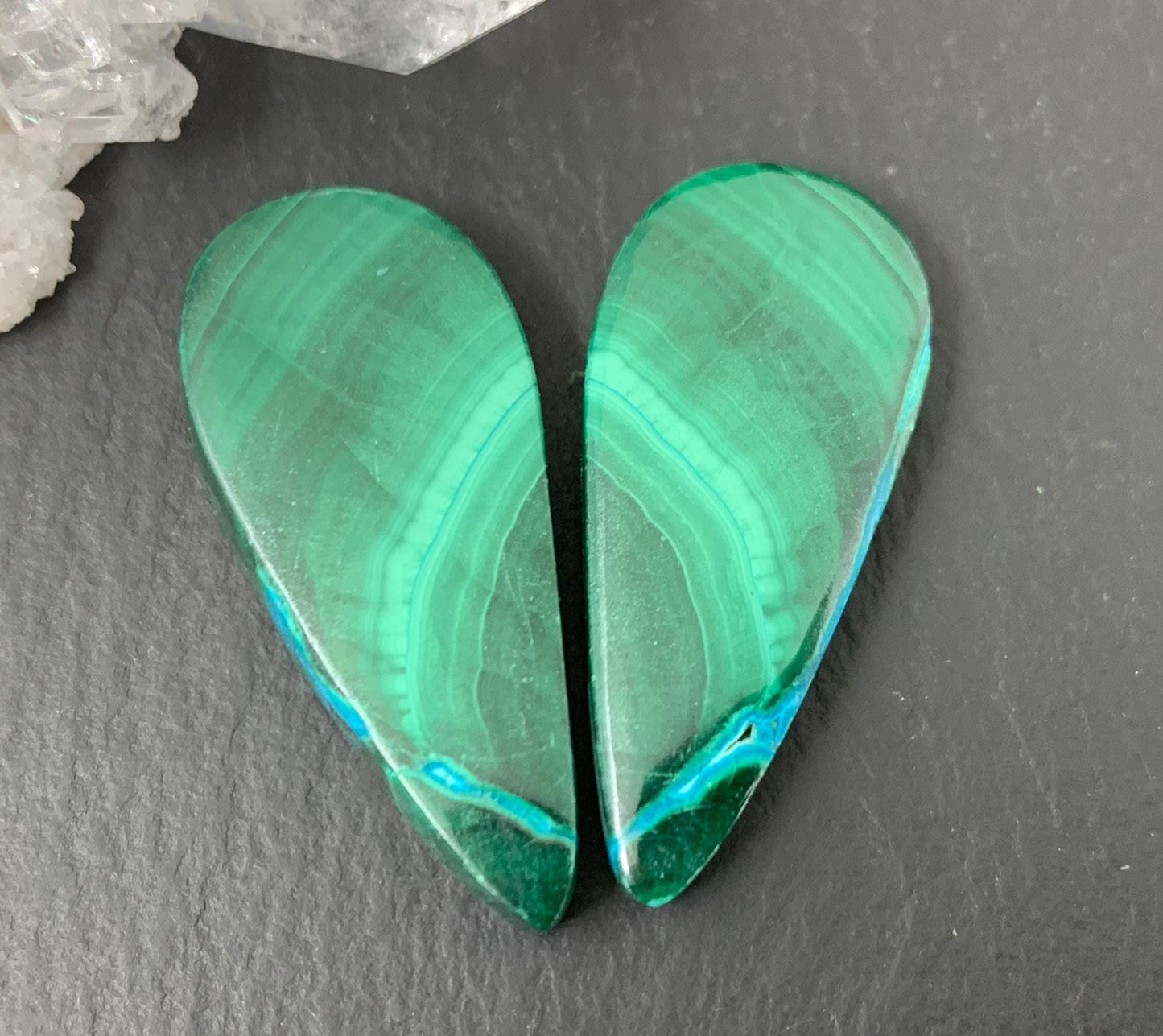 Malachite Chrysocolla pear 12x29x4.5mm cabochon pair