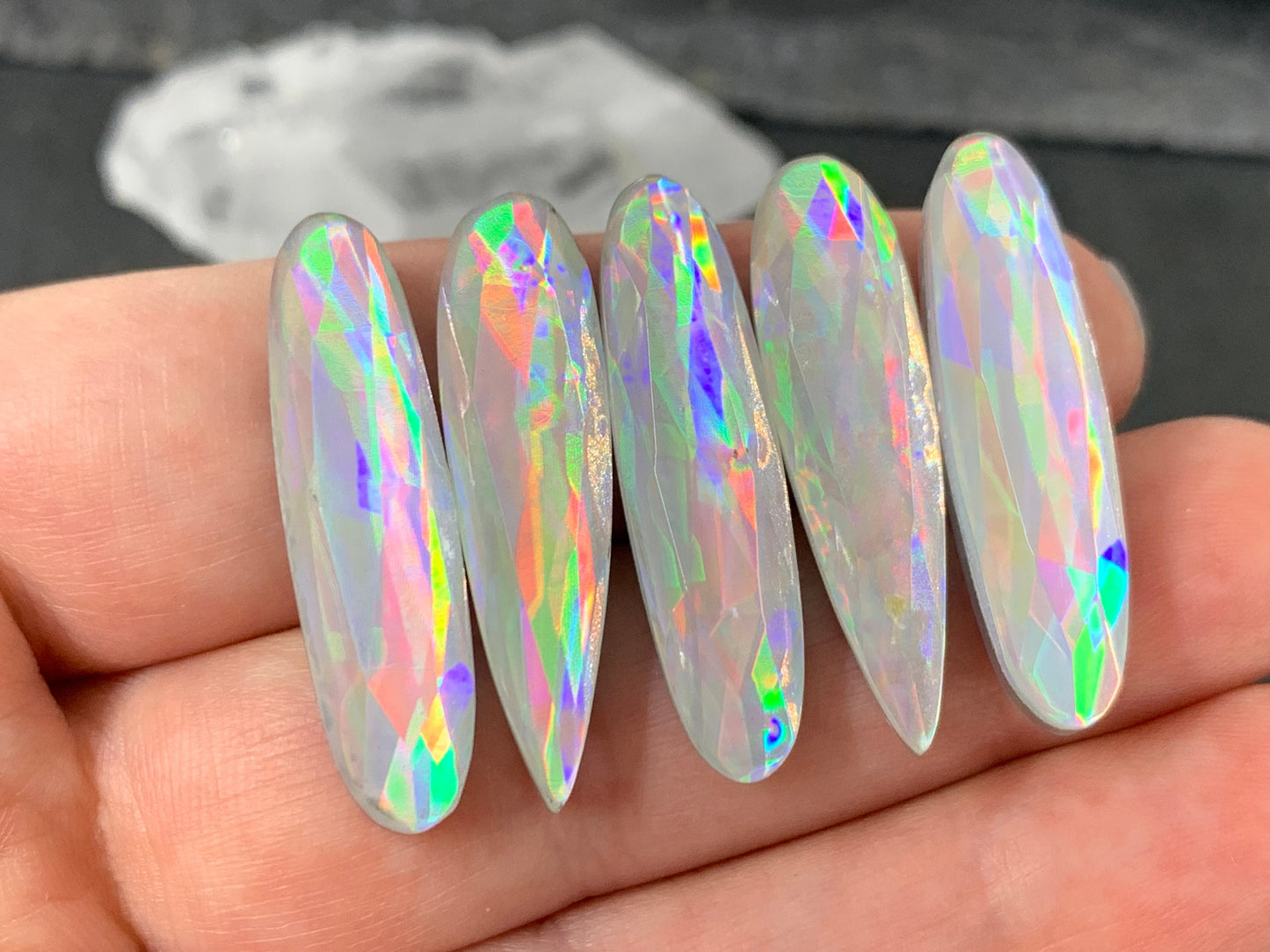 Faceted Mystic Rainbow Quartz pear, oval 8x30mm cabochon doublet