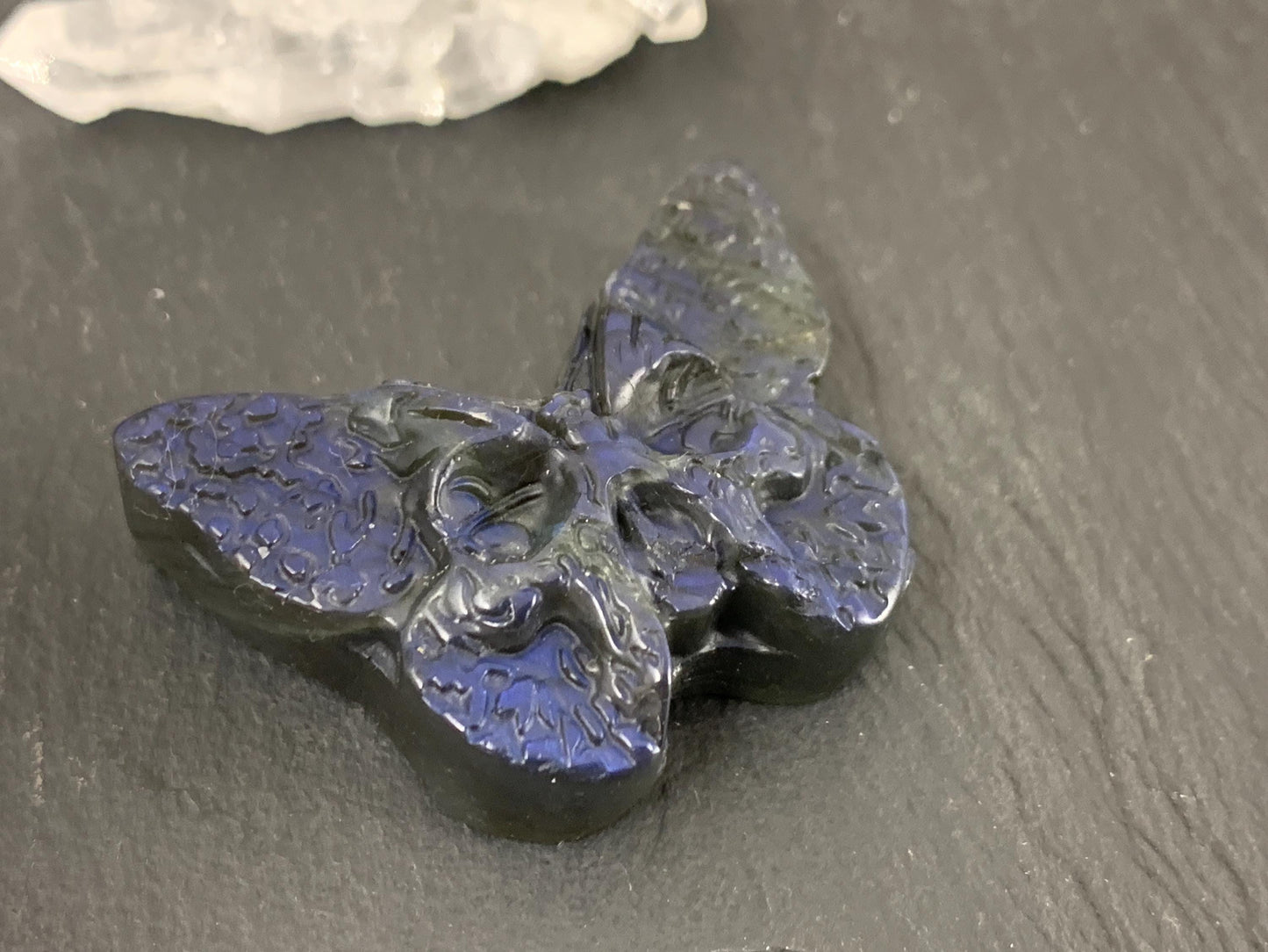 Labradorite Ghost Face Carving – Hand Carved Gemstone Flat Back Butterfly Gift