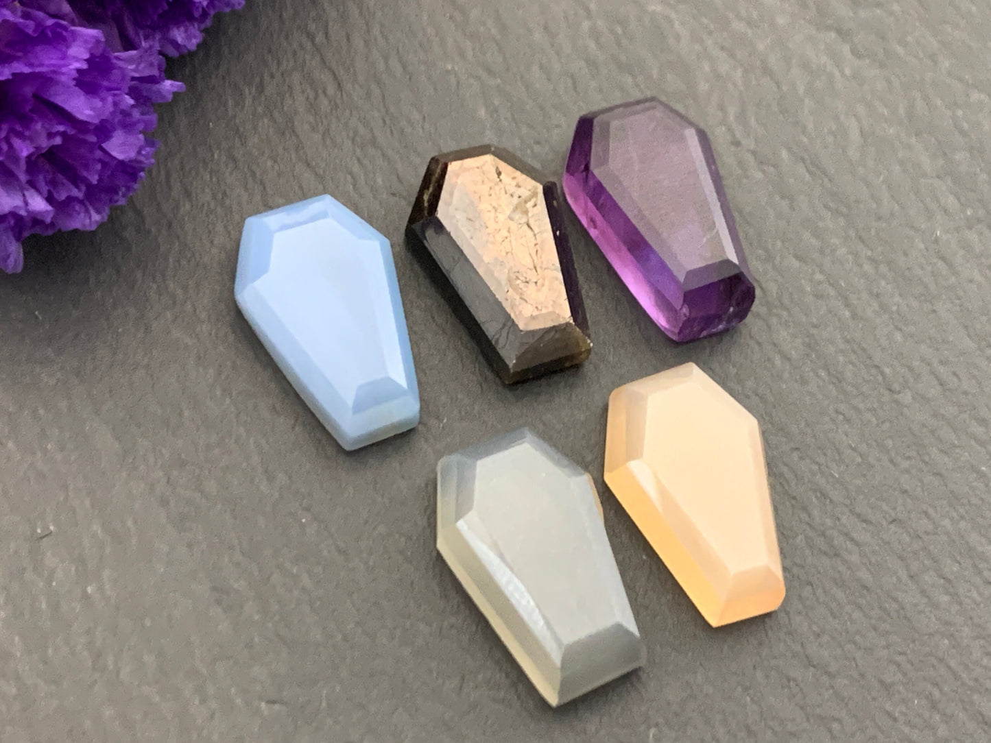 Faceted coffin 10x16mm cabochon- Blue Opal, Star Sapphire, Amethyst, Grey Moonstone, Peach Moonstone