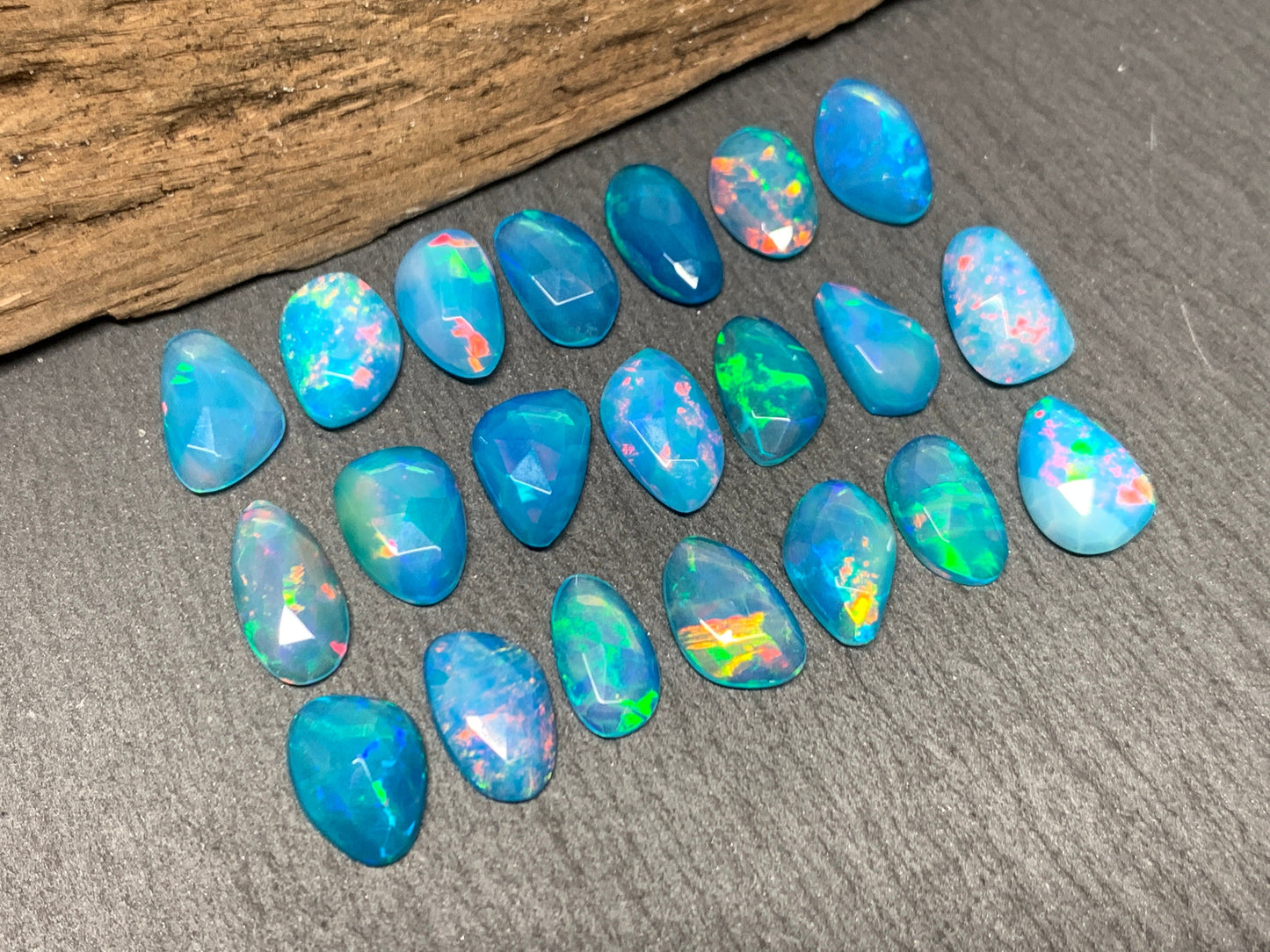 Faceted Blue Ethiopian Opal 8-10mm long cabochon