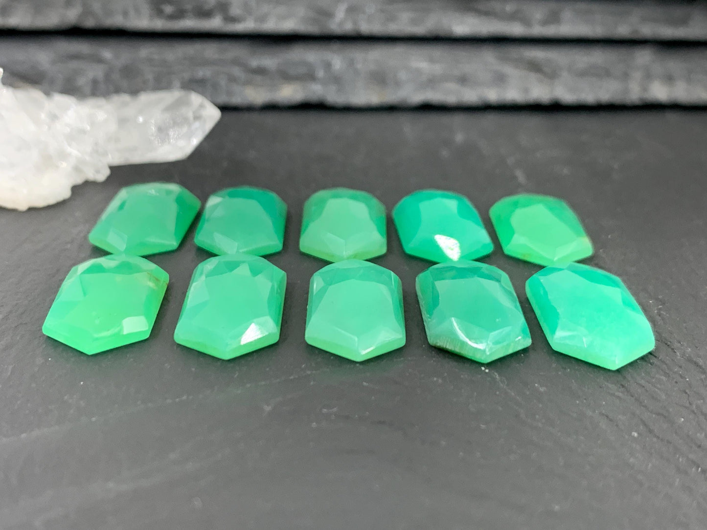 Faceted Chrysoprase hexagon 10x20mm cabochon