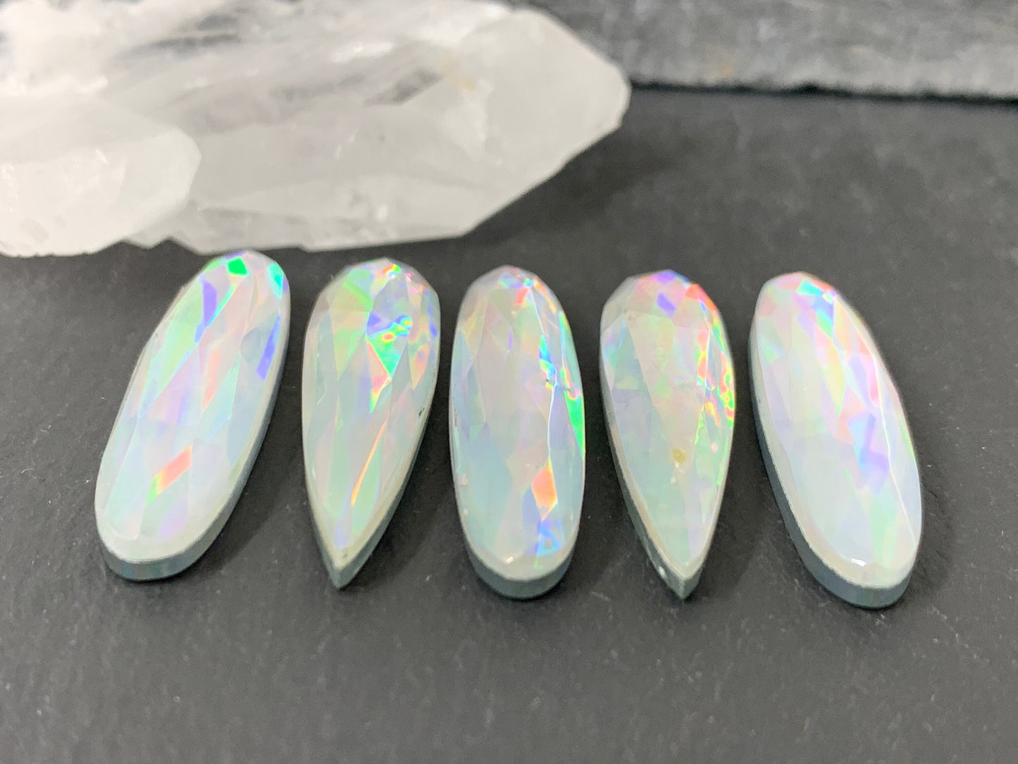Faceted Mystic Rainbow Quartz pear, oval 8x30mm cabochon doublet