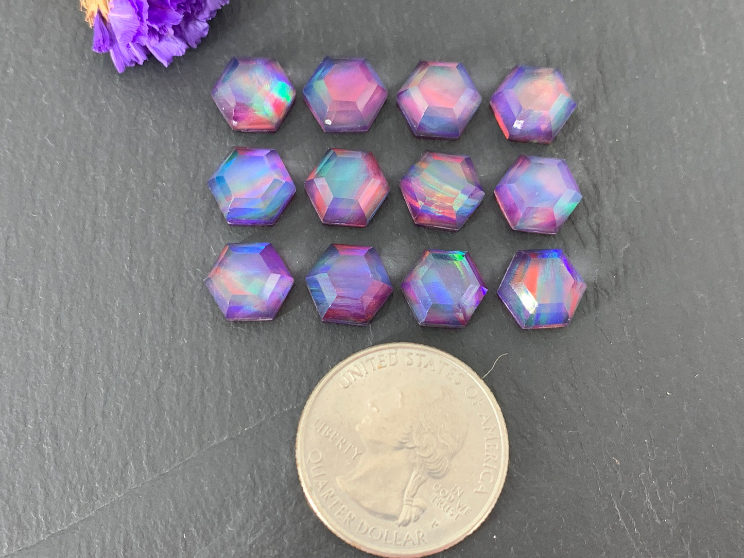 Faceted Aurora Opal hexagon 9mm cabochon - Doublet cabochons