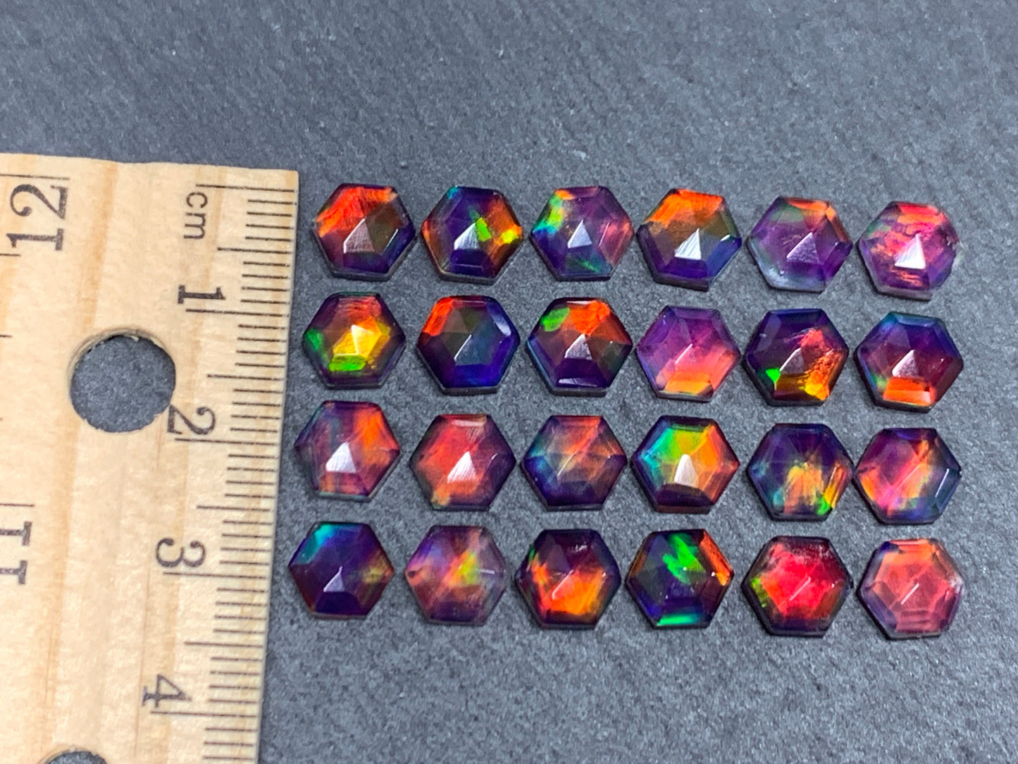 Faceted Aurora Opal hexagon 7mm cabochon - Doublet cabochons