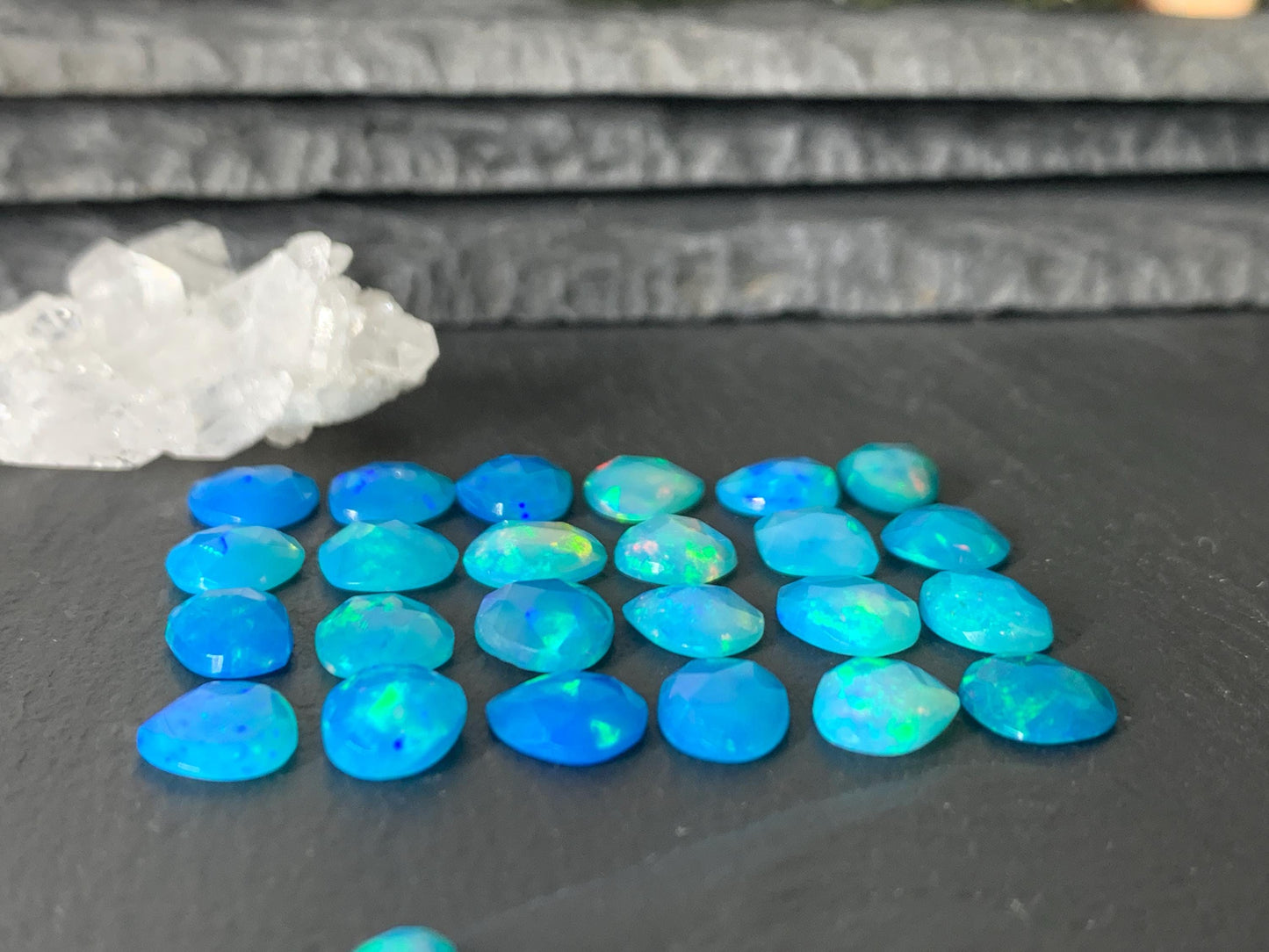 Faceted Blue Ethiopian Opal 8-10mm long cabochon