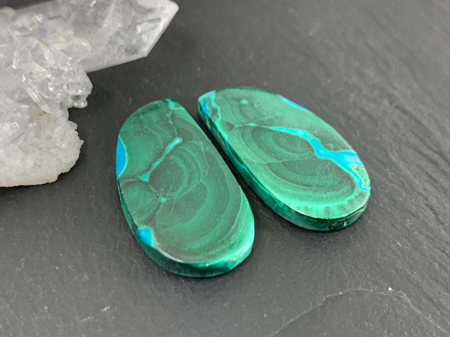 Malachite Chrysocolla free form 13x25x3.5mm cabochon pair