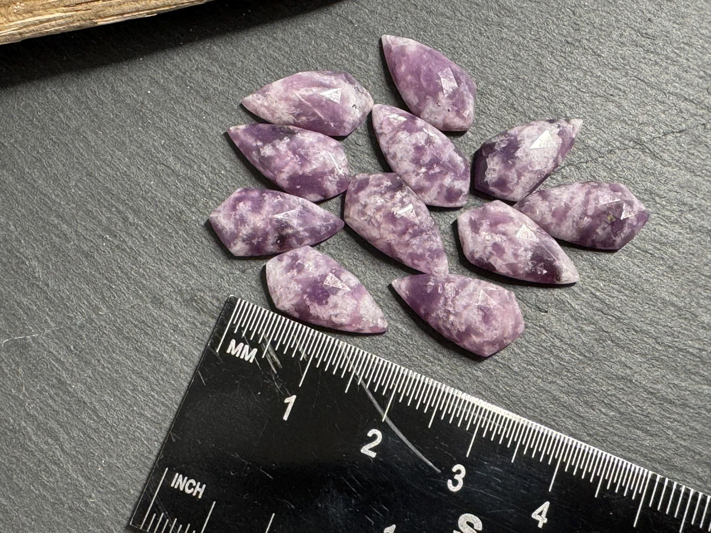 Faceted Lepidolite kite 8x15mm cabochon