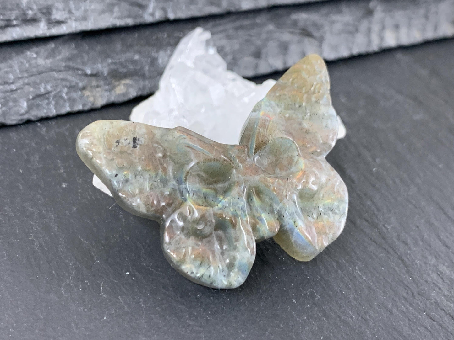 Labradorite Butterfly Carving – Natural 28x40mm Ghost Face Flat Back Gem