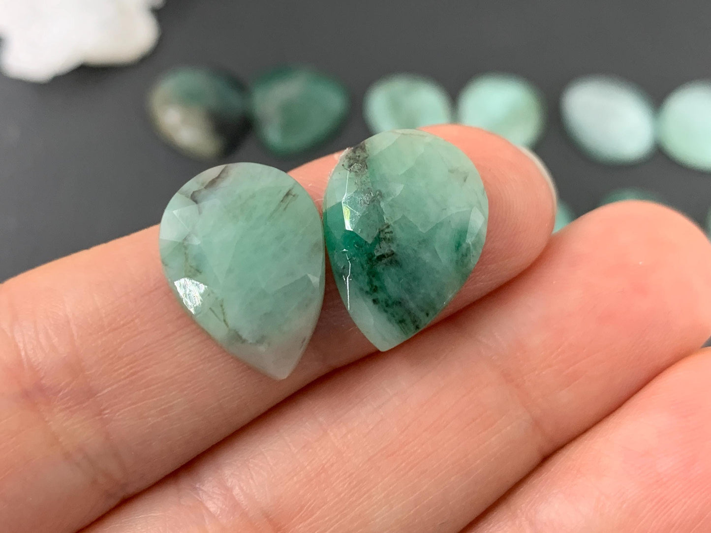 Faceted Emerald pair 15-17mm long cabochon