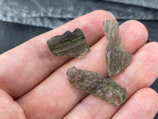 Raw Moldavite beads 16-26mm long - lot of 3 beads