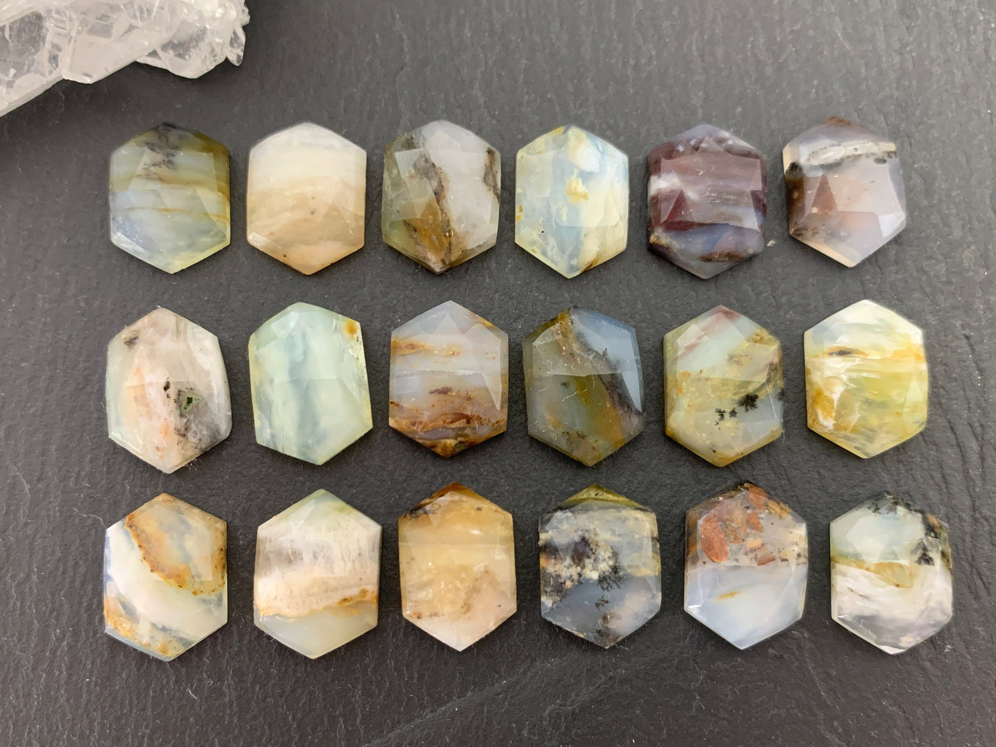 Faceted Peruvian Opal Long hexagon 10x14mm cabochon
