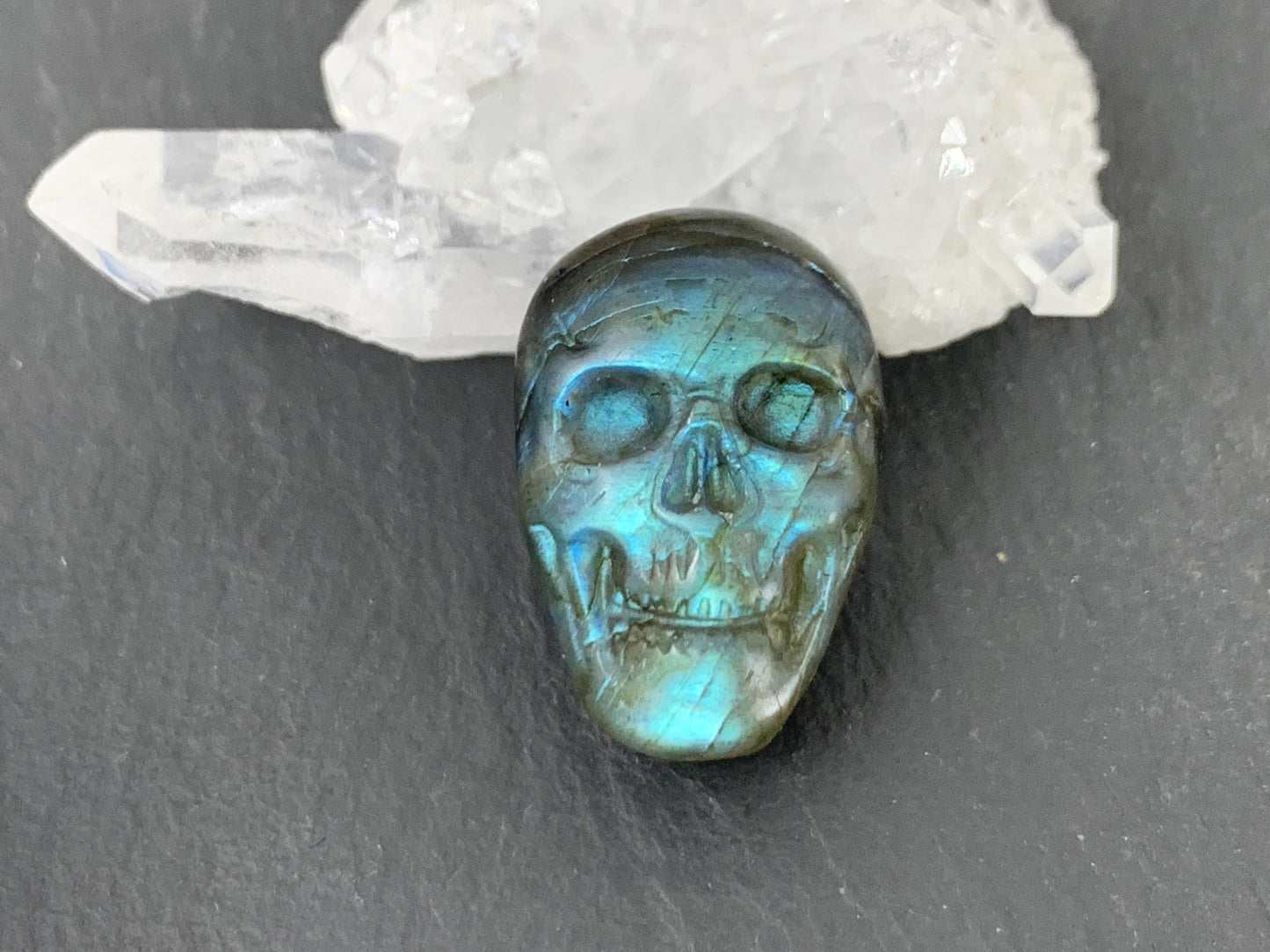 Labradorite Skull Cabochon 14x21mm - Natural Green Gemstone Flat Back Carving