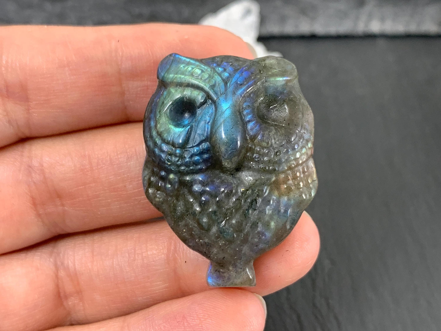 Labradorite Owl Carving - 27x35mm Natural Stone Flat Back Gem