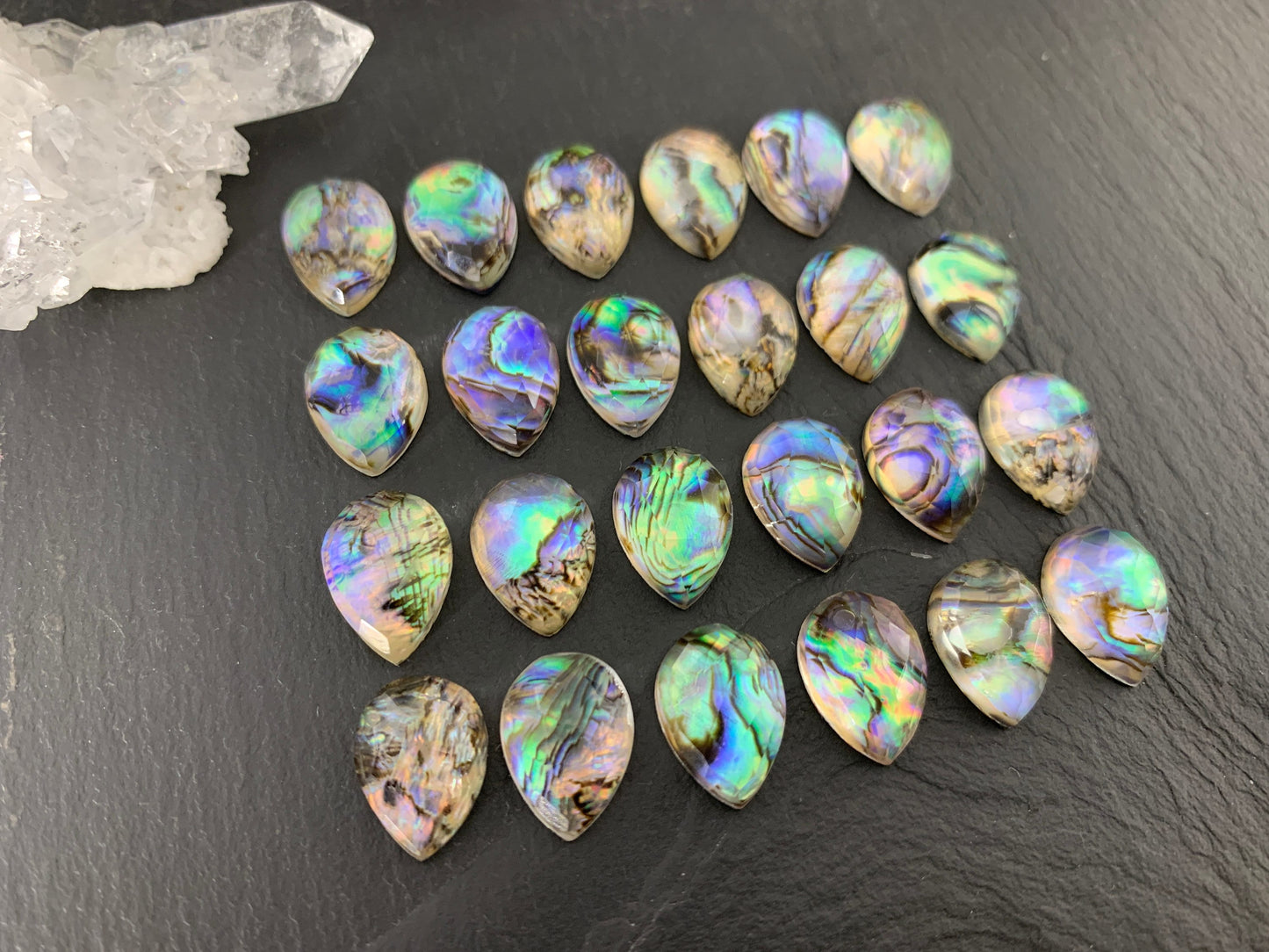 Rose Cut Abalone Crystal Doublet Pear 10x14mm Cabochon