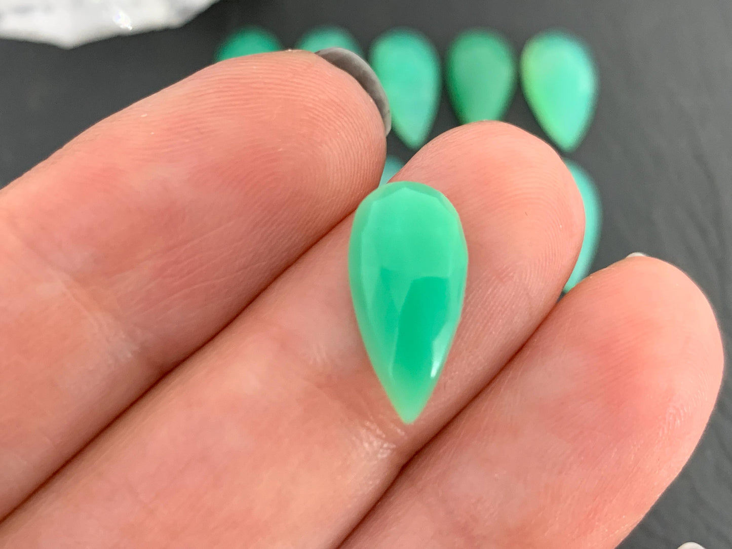 Faceted Chrysoprase pear 7x15mm cabochon