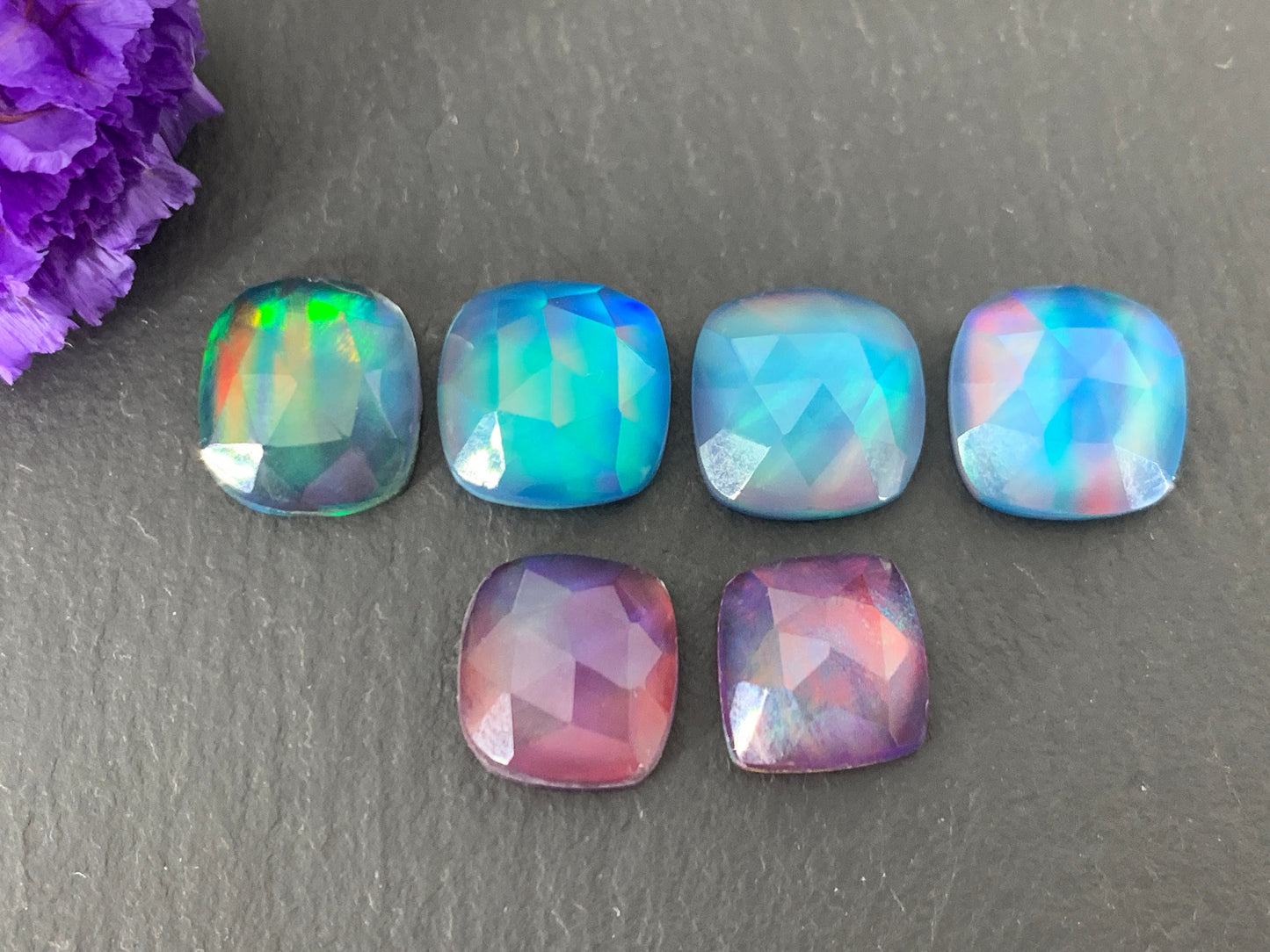 Faceted Aurora Opal square cabochon - Doublet cabochon