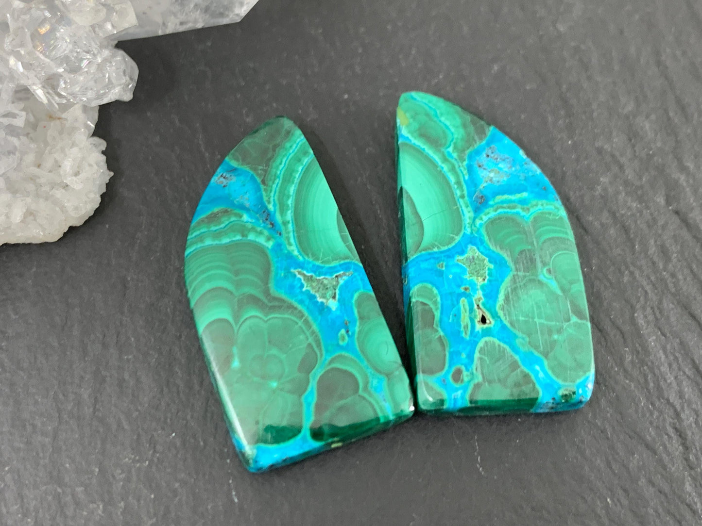 Malachite Chrysocolla free form 13x25x4mm cabochon pair