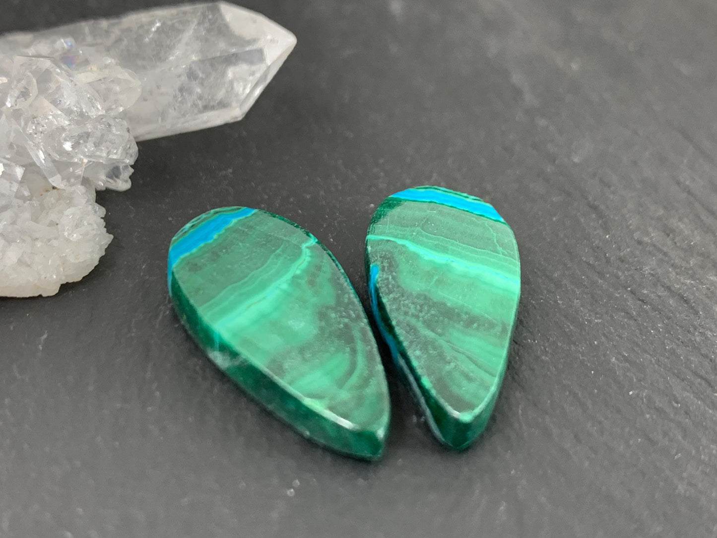 Malachite Chrysocolla pear 11x23x3.5mm cabochon pair