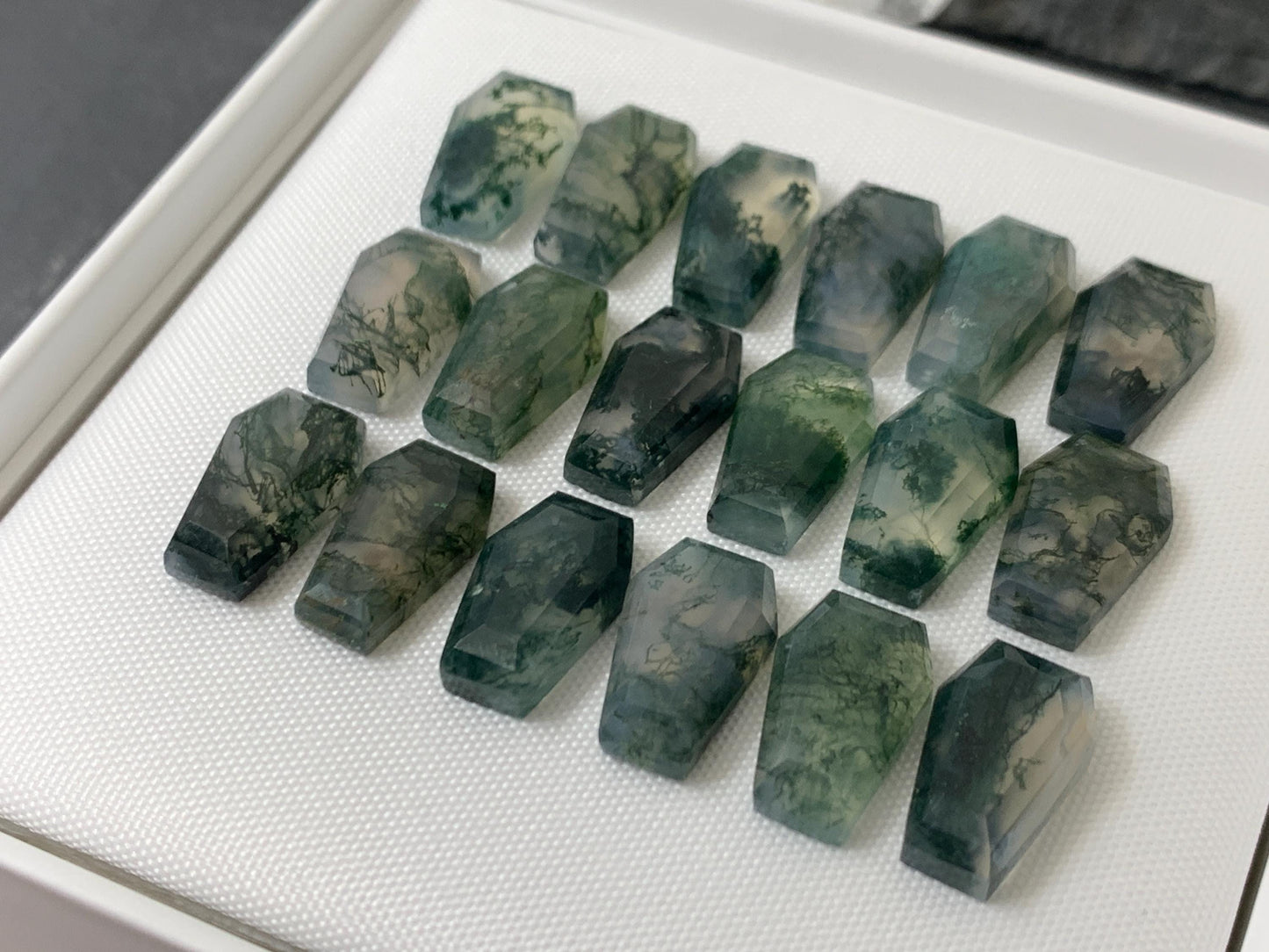 Faceted Moss Agate coffin 10x16mm cabochon