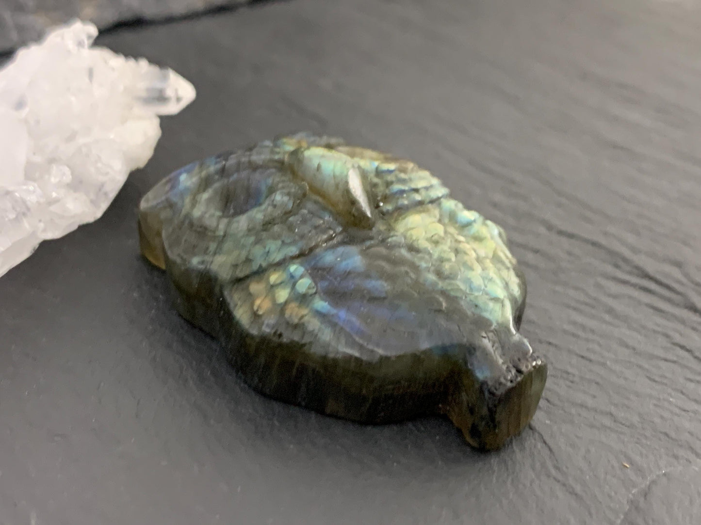 Labradorite owl 27x36mm cabochon carving