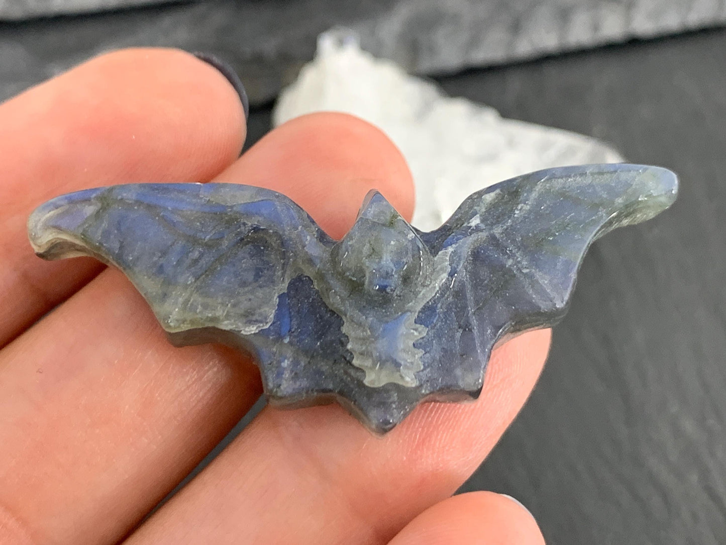 Discounted Labradorite skeleton bat 19x48mm cabochon carving