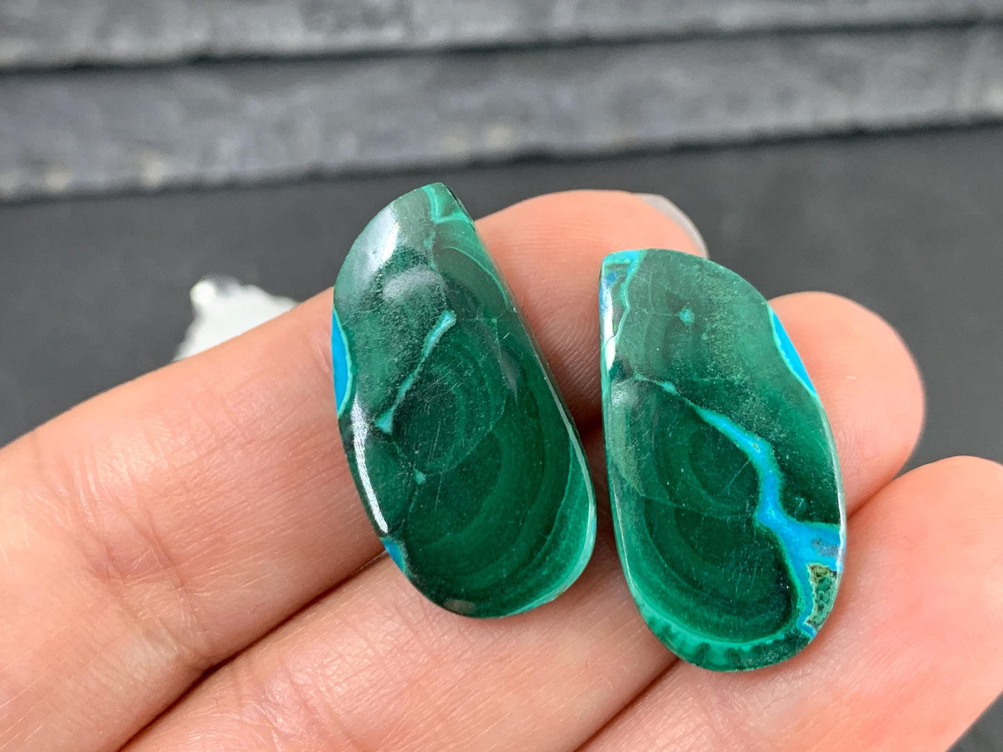 Malachite Chrysocolla free form 13x25x3.5mm cabochon pair