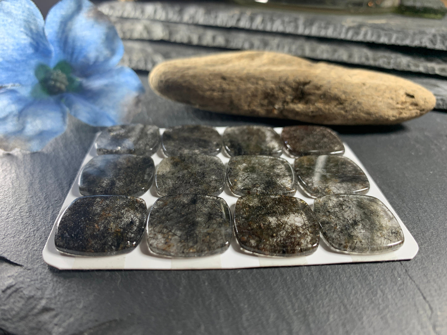 Flat Black Rutilated Quartz square cushion 20mm cabochon - Calibrated Cabochons