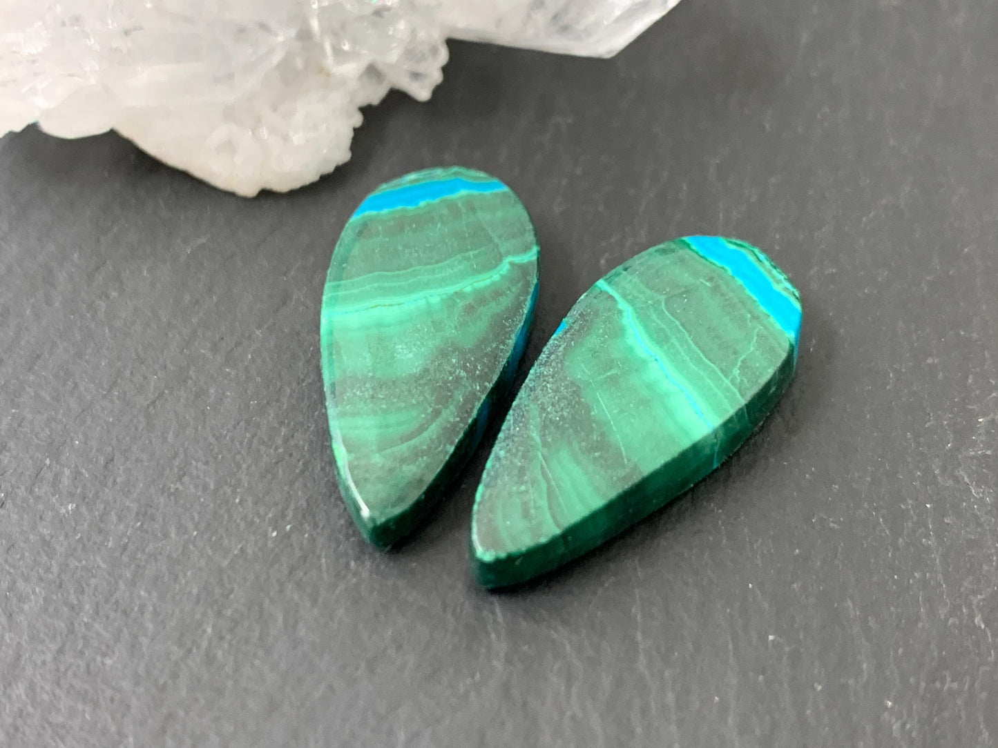 Malachite Chrysocolla pear 11x23x3.5mm cabochon pair