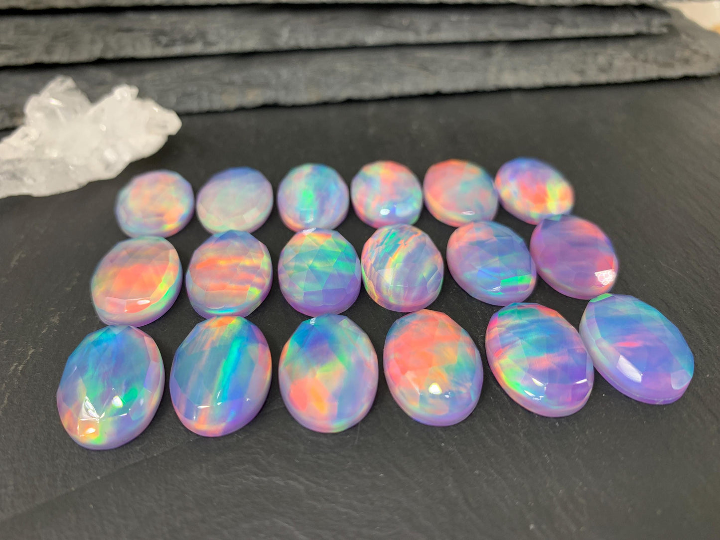 Faceted Aurora Opal Oval Doublet Stone - 13x18mm Rose Cut Gemstone Cabochon