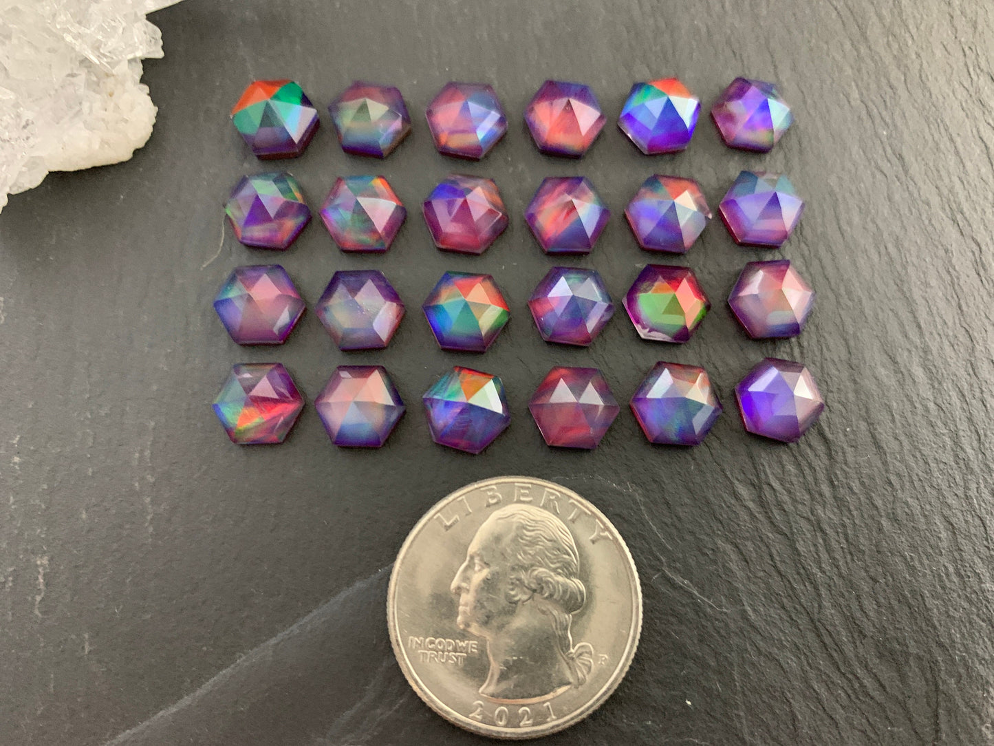 Faceted Aurora Opal hexagon 8mm cabochon - Doublet cabochons