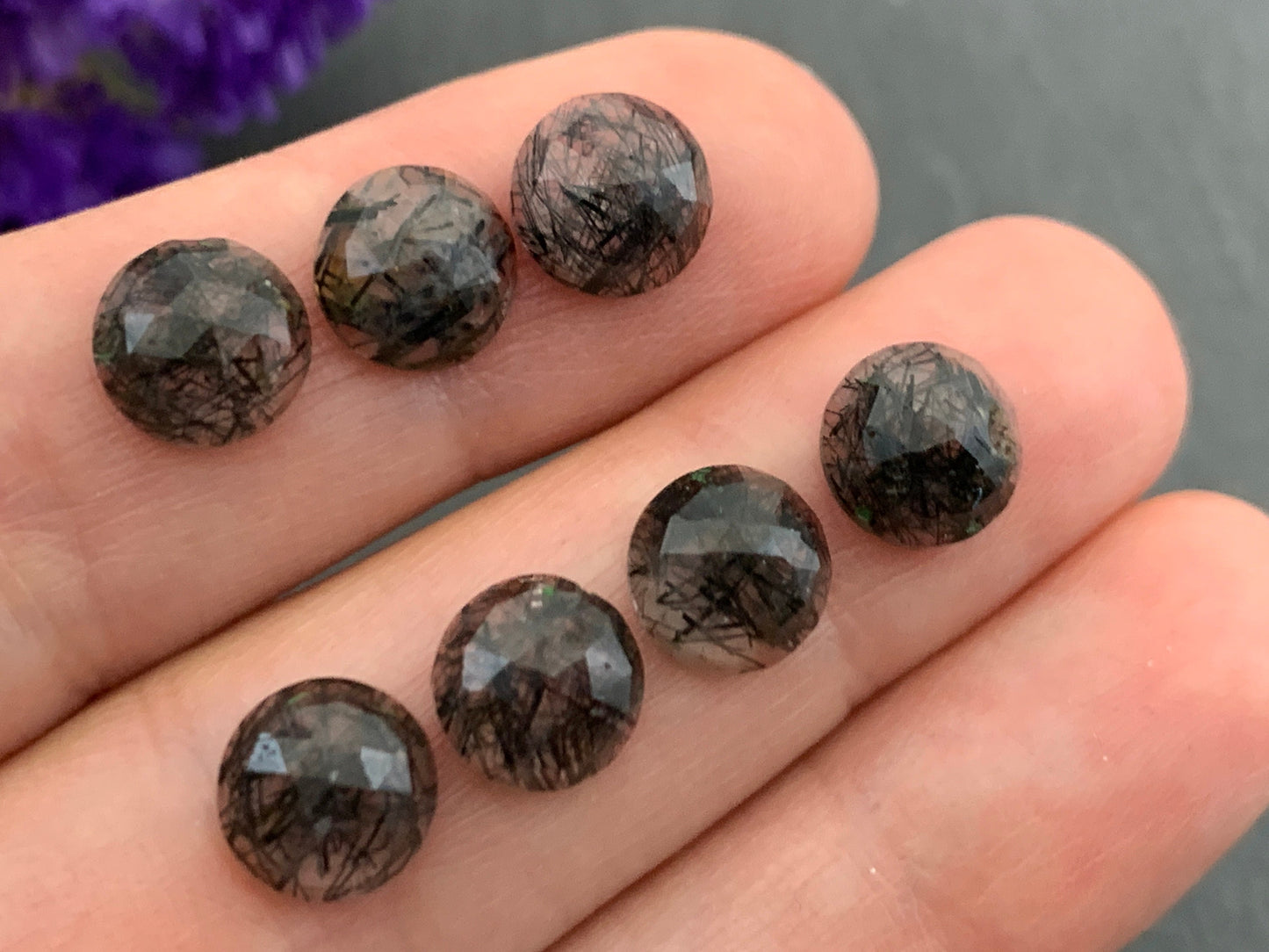Faceted Black Rutilated Quartz round 8mm cabochon
