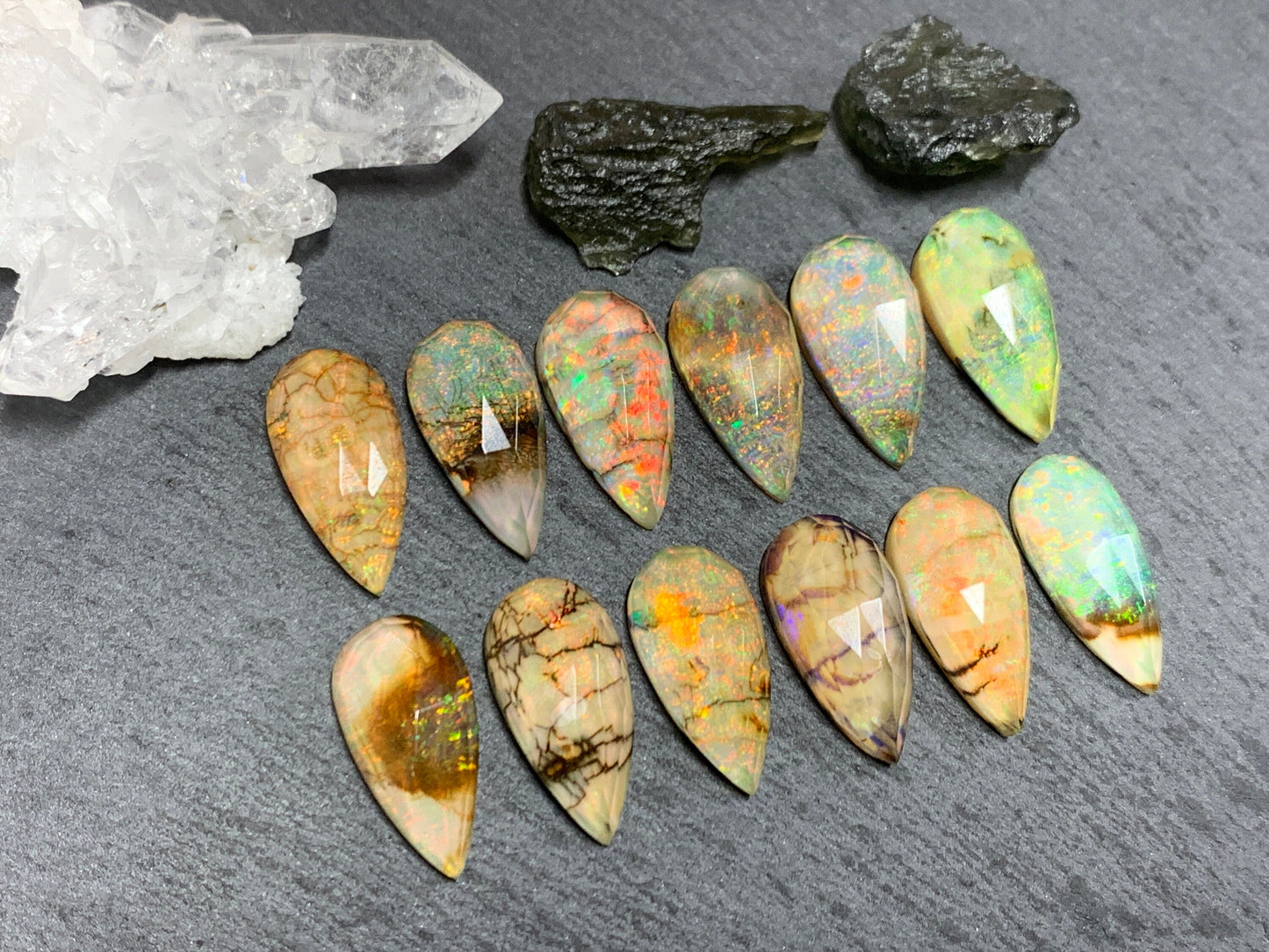 Faceted Monarch Opal pear 10x20mm doublet cabochons - Doublet cabochons