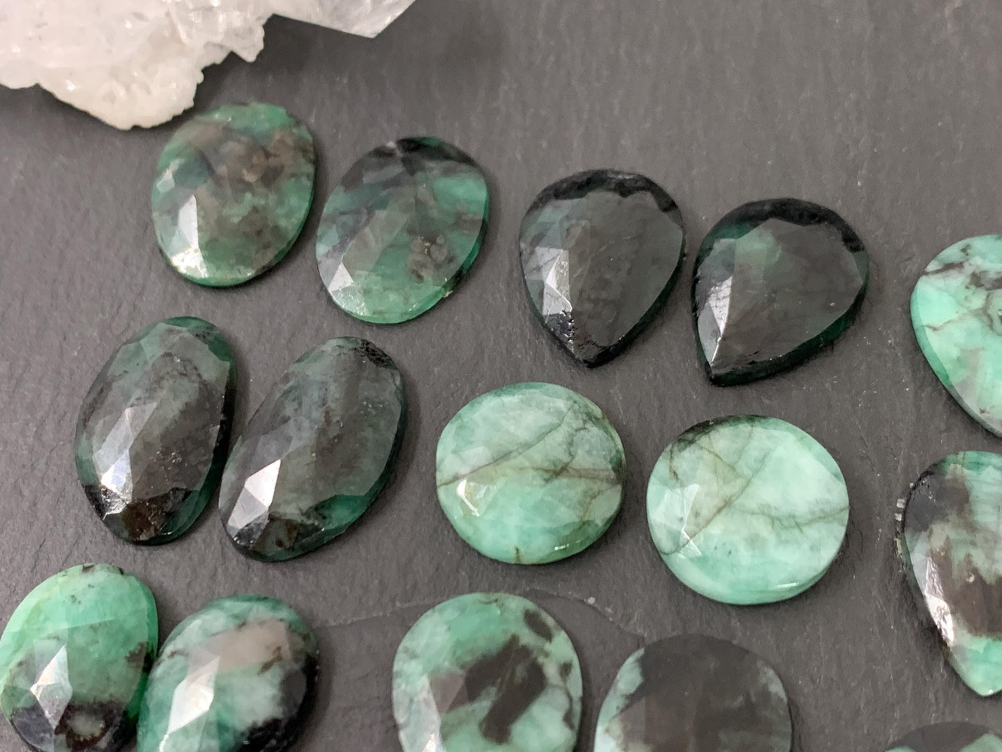 Faceted Emerald Pair 14-18mm long cabochons