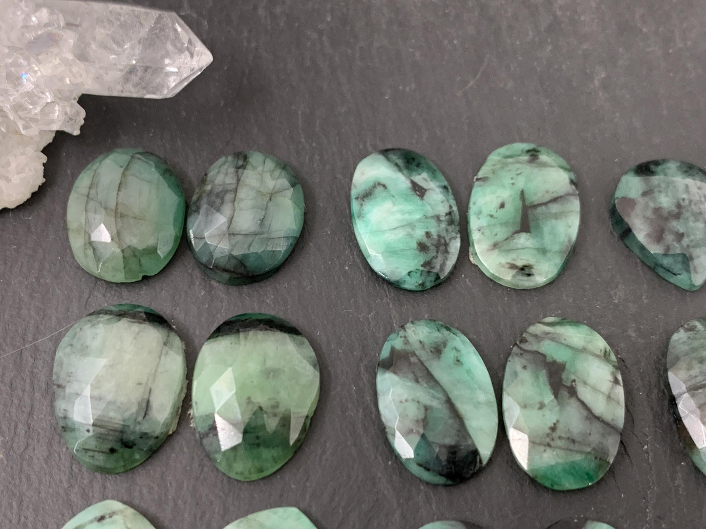 Faceted Emerald pair 14-18mm long cabochon