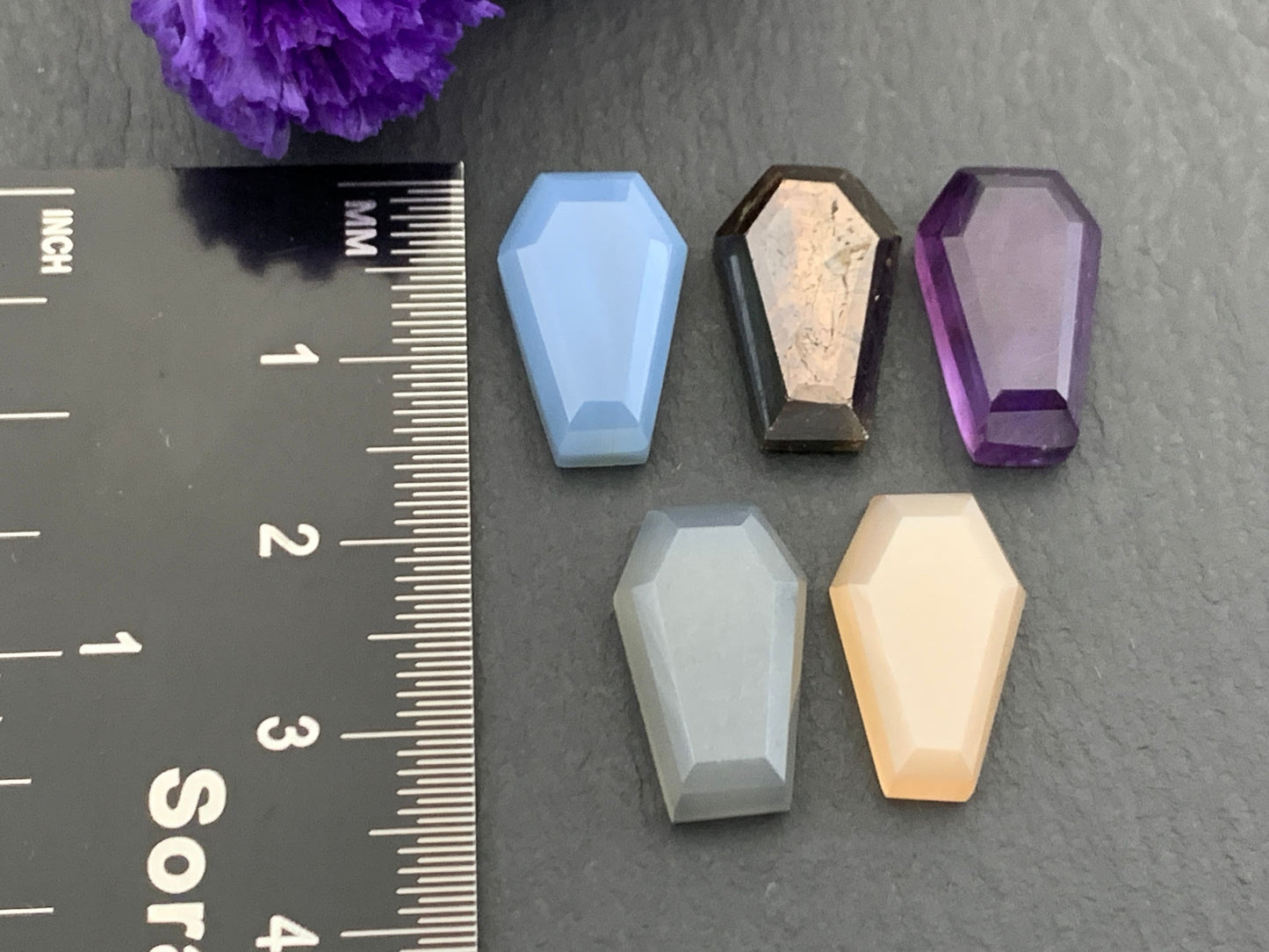 Faceted coffin 10x16mm cabochon- Blue Opal, Star Sapphire, Amethyst, Grey Moonstone, Peach Moonstone