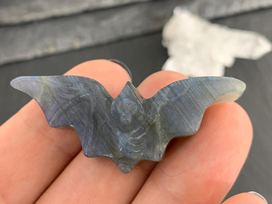 Labradorite skeleton bat 18x48mm flat back carving