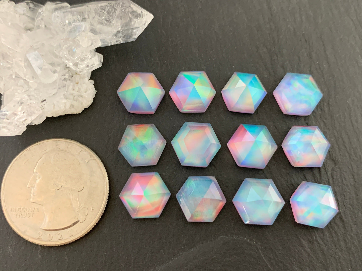 Faceted Aurora Opal hexagon 10mm cabochon - Doublet cabochons