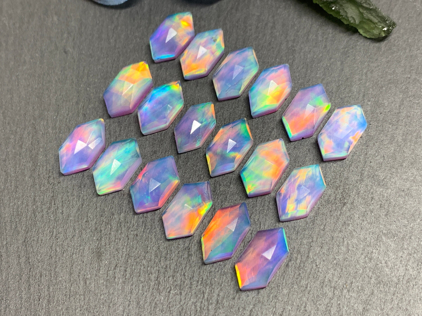 Faceted Aurora Opal long hexagon 8x16m cabochon - Doublet cabochons