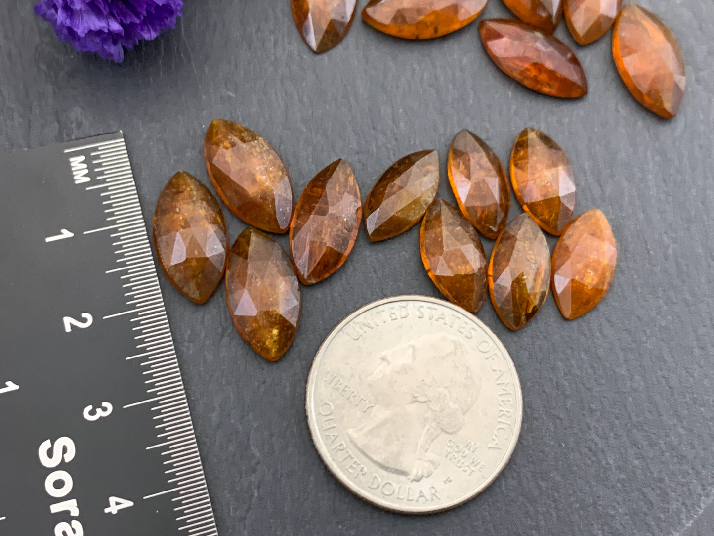 Faceted orange Kyanite marquise 13-16mm long cabochons