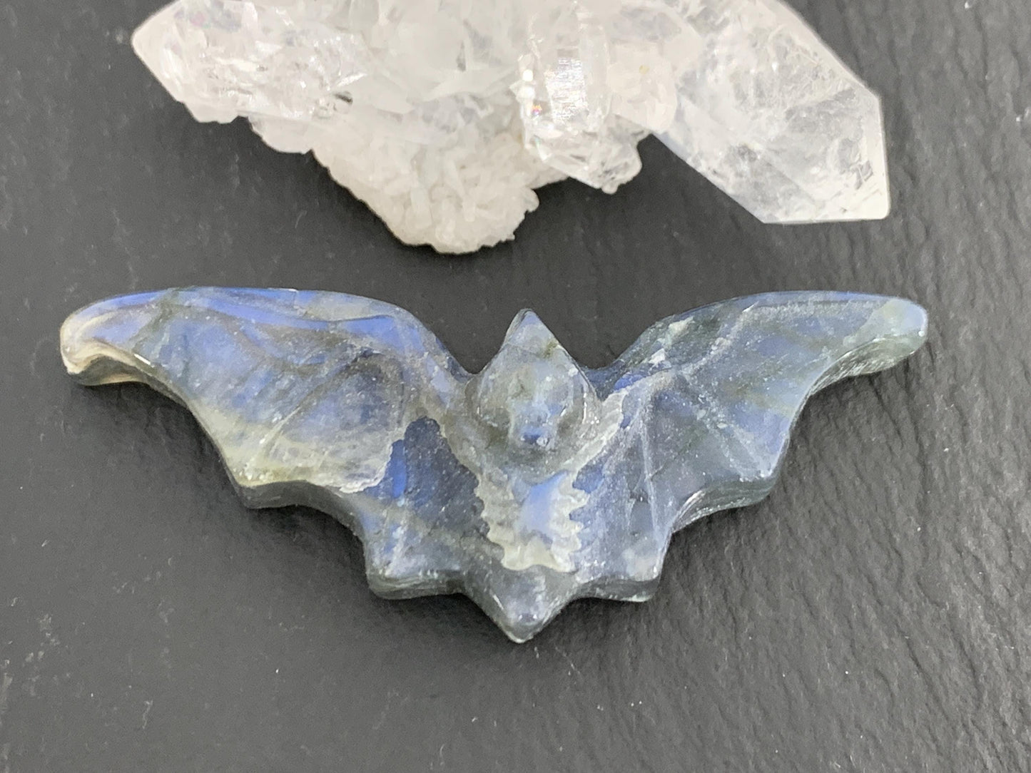 Discounted Labradorite skeleton bat 19x48mm cabochon carving
