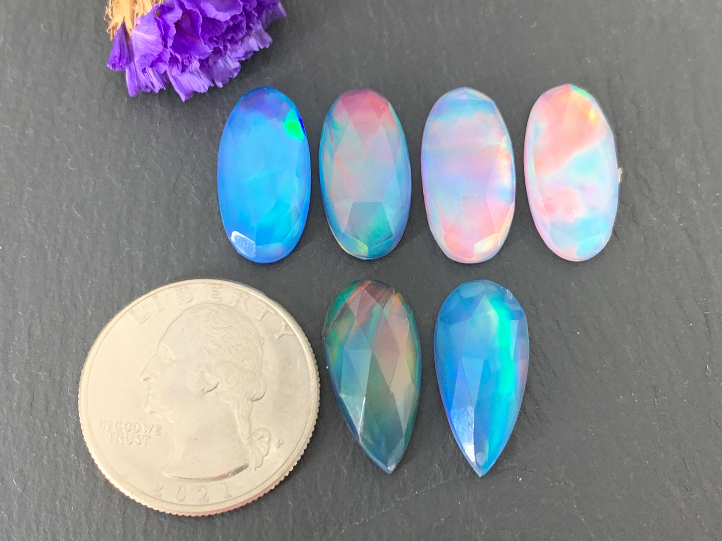 Faceted Aurora Opal oval, pear 10x20mm cabochon - Doublet cabochons