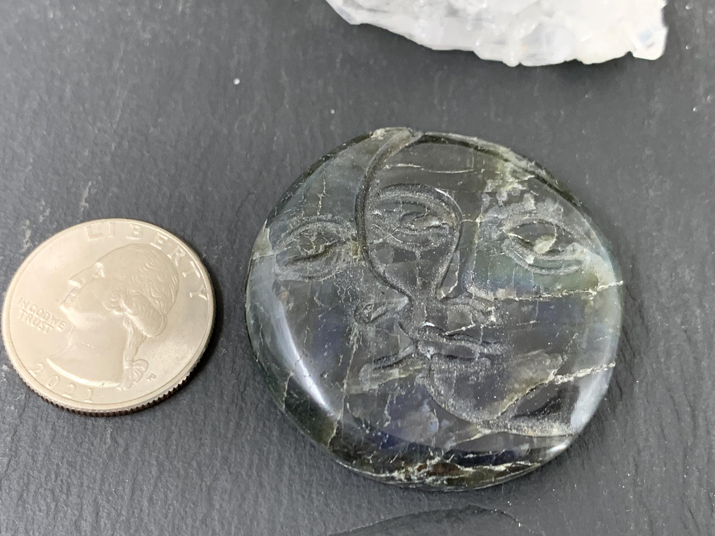 Labradorite Sun Moon Carving – 42mm Natural Flat Back Gemstone Design