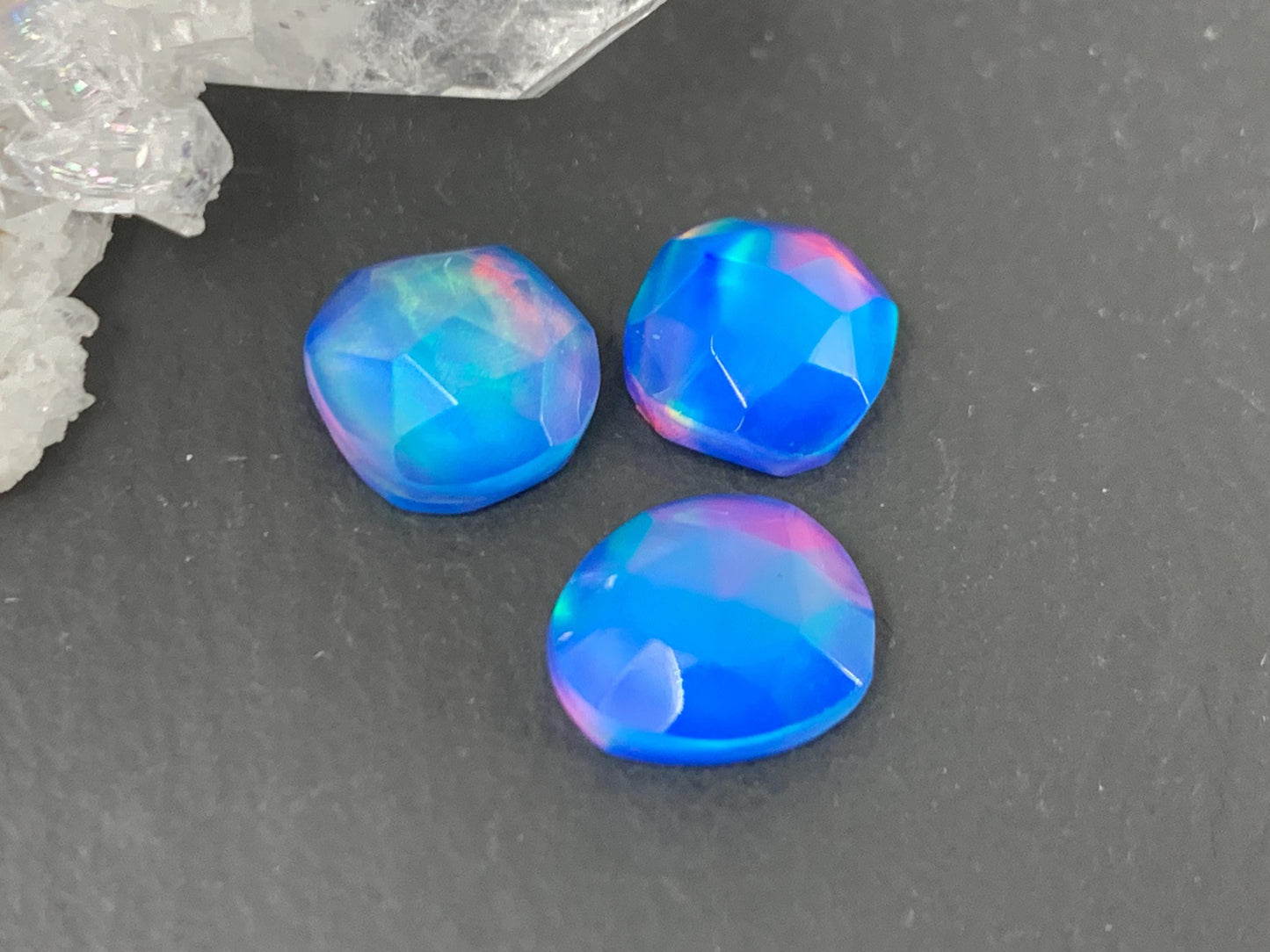 Faceted Aurora Opal free form 8-9mm long doublet cabochons