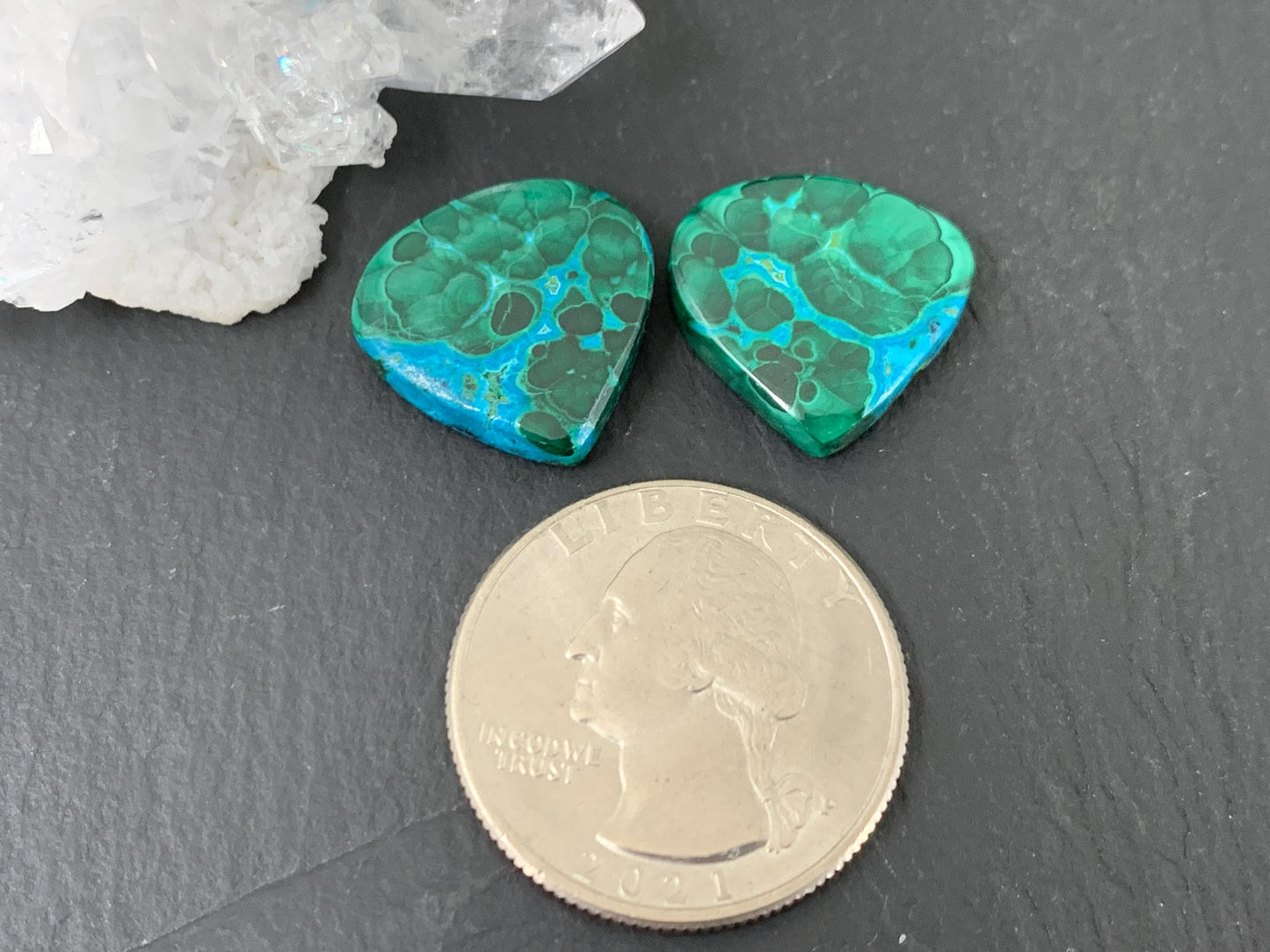Malachite Chrysocolla pear 16x17x4mm cabochon pair