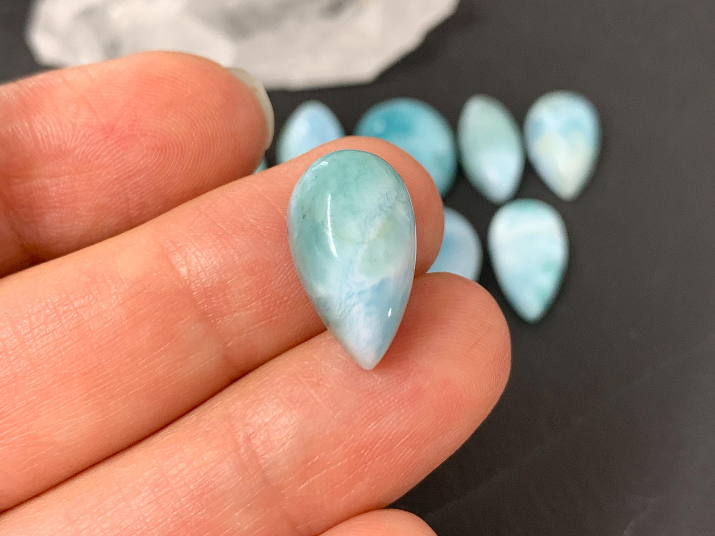Larimar 17mm long cabochon oval, pear, marquise