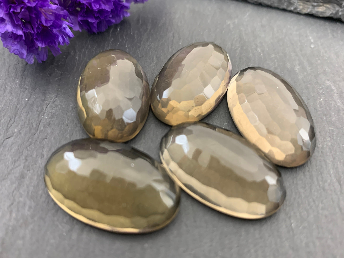 Faceted Smokey Quartz oval 16x26mm Cabochon - Calibrated cabochons
