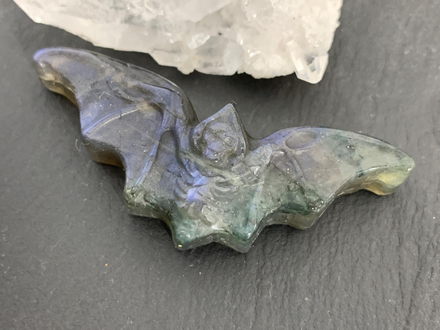 Labradorite skeleton bat 19x49mm flat back carving